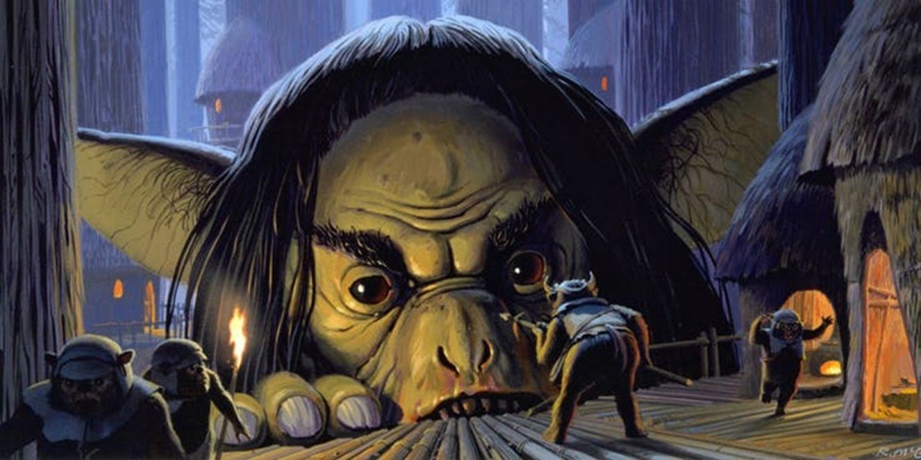 Star Wars Return of the Jedi concept art featuring a gremlin terrorizing Ewoks