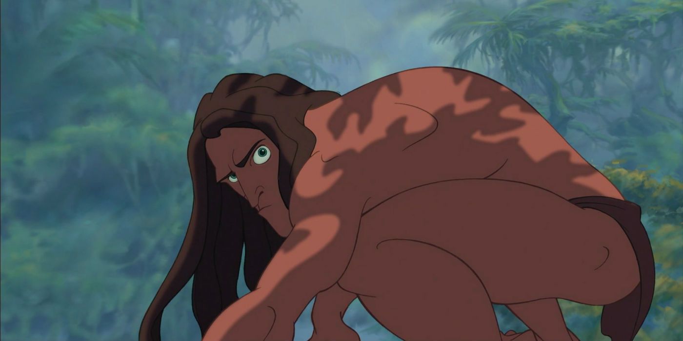 Tarzan crouching and turning around in the Disney movie.