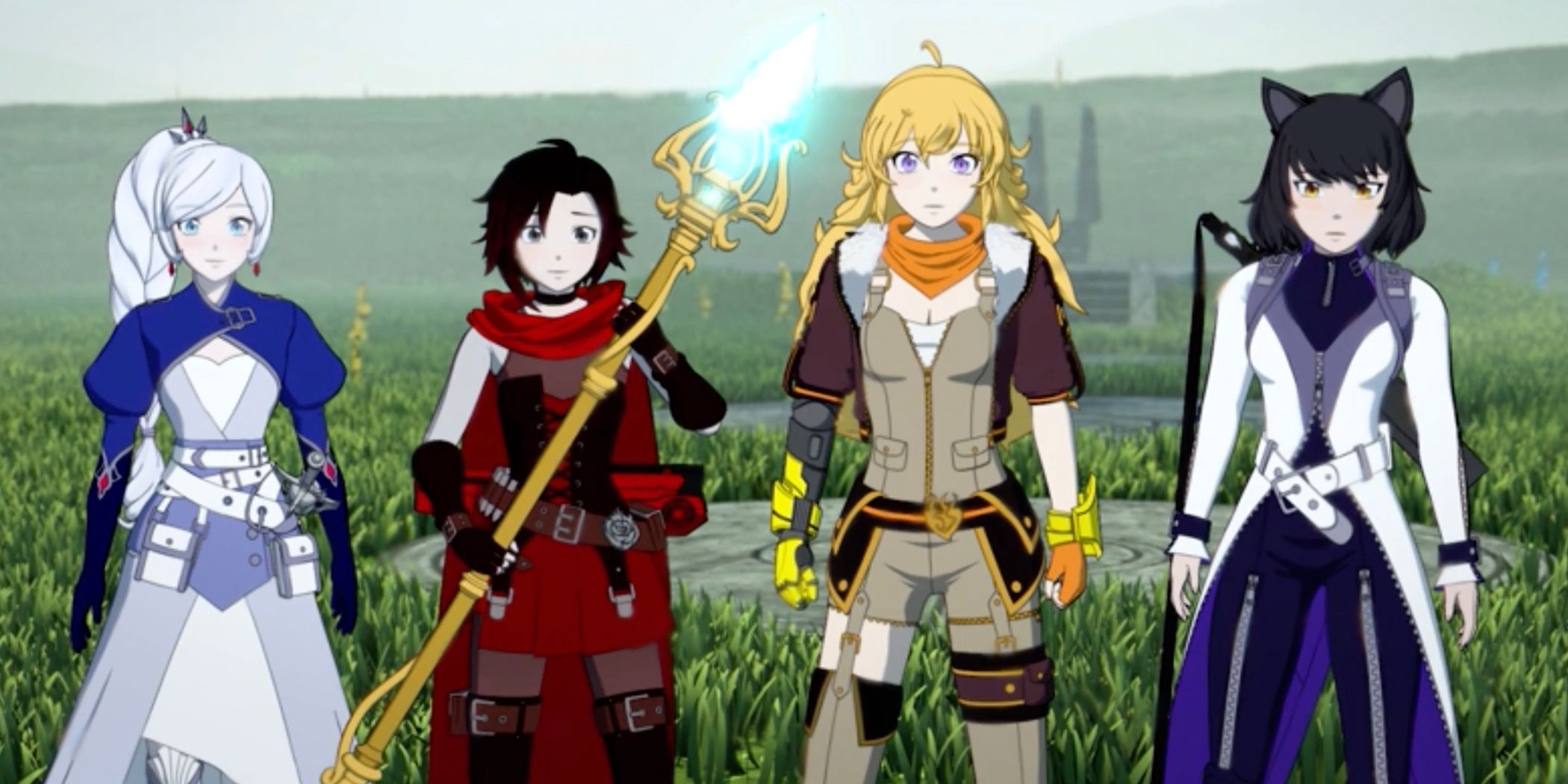 Weiss, Ruby, Yang, and Blake stand with the staff in RWBY
