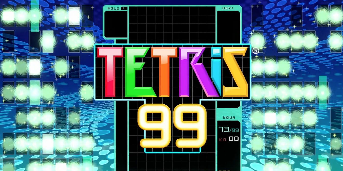 Tetris 99 promo art featuring the colorful tile-matching setup of the game.