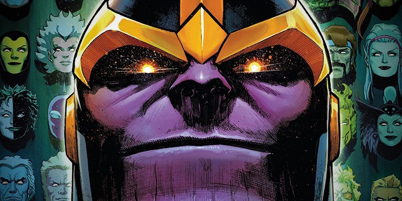 A close-up of Thanos smiling in the comics.