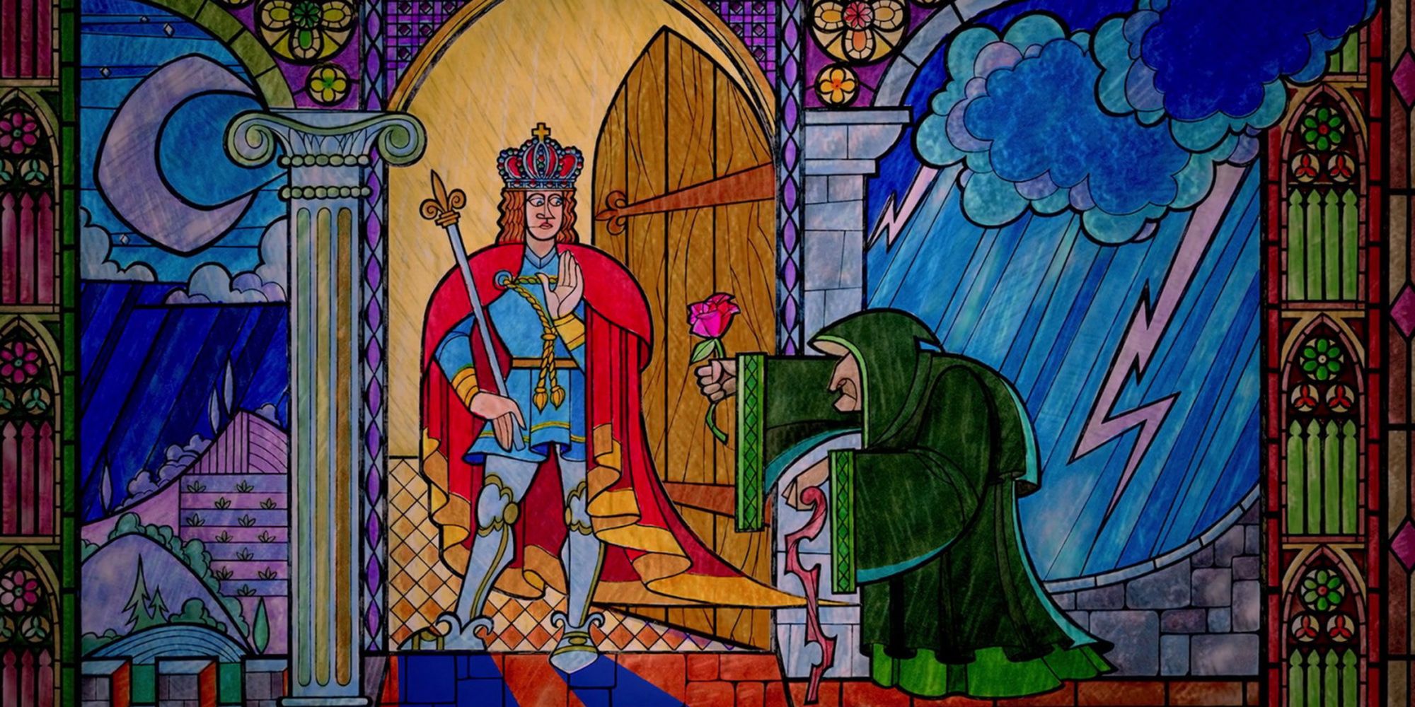 Stainglass showing the Enchantress showing up at Prince Adam's door