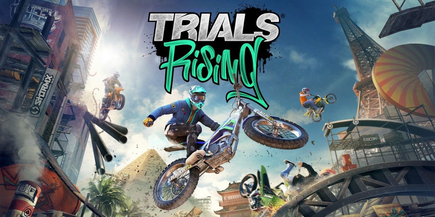Trials Rising title screen featuring multiple cyclists leaping and crashing.