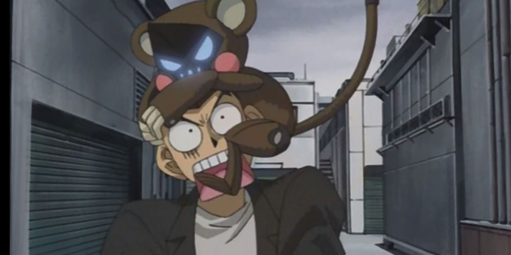 Tristan Taylor enrages by a robot monkey on his head in the Yu-Gi-Oh! anime.