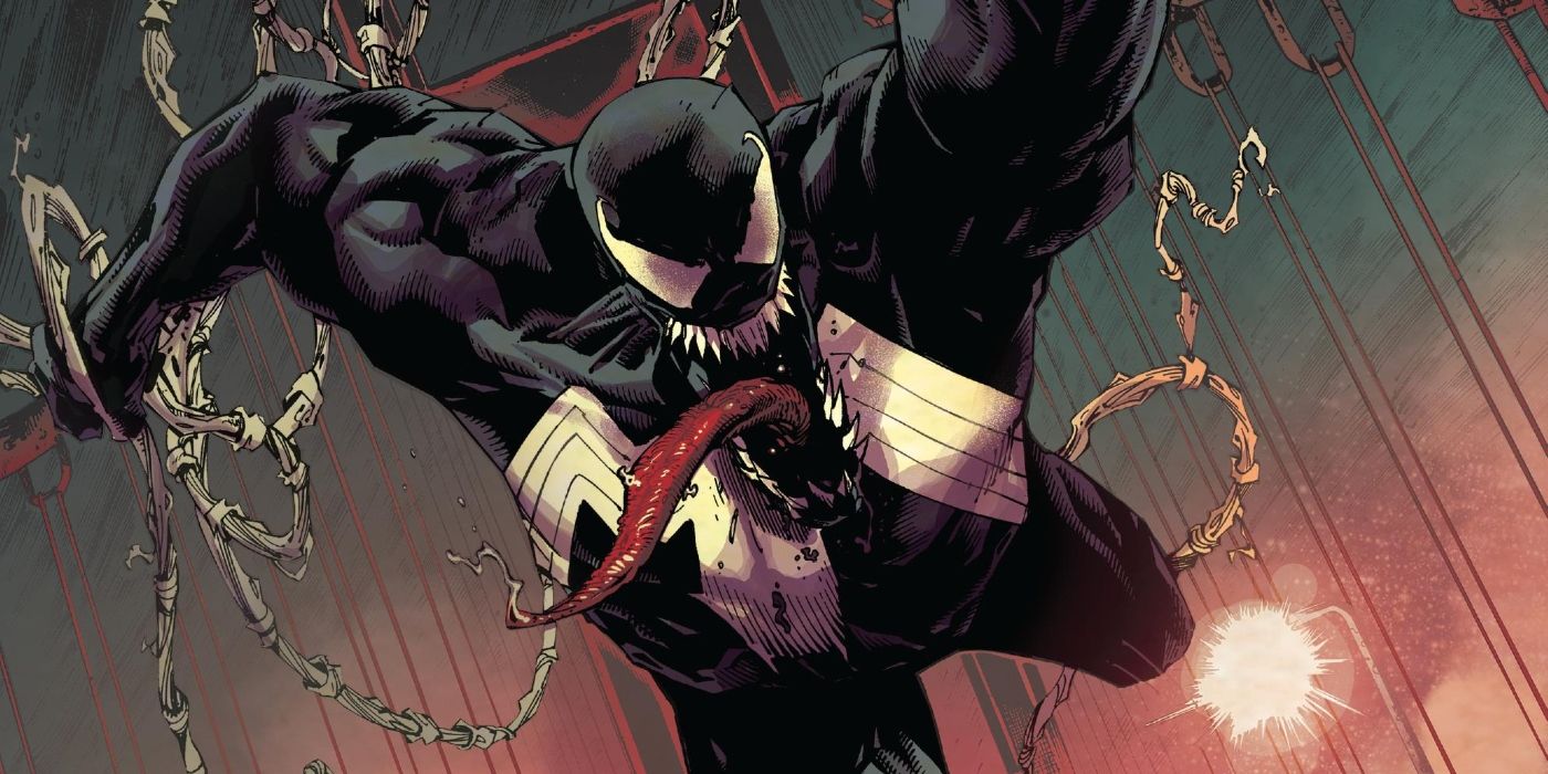 Venom swiging from a bridge in Marvel comics