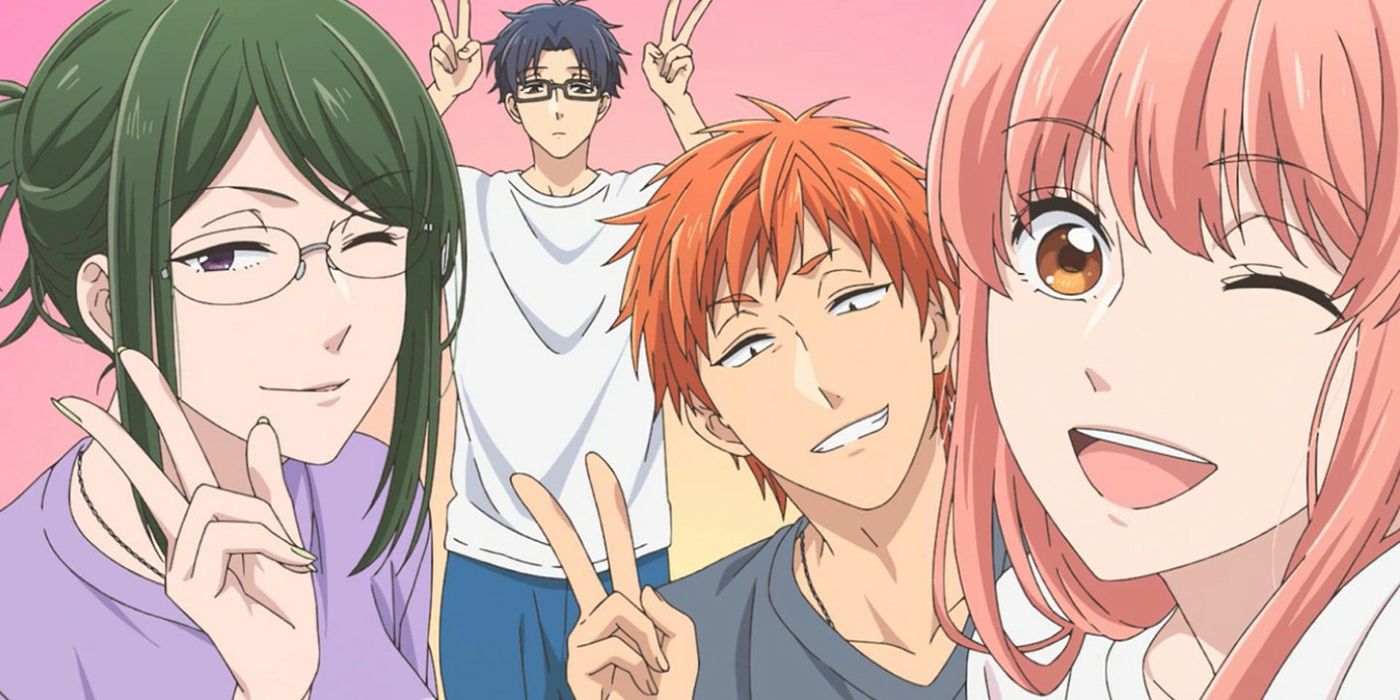 The main characters of Love is Hard for Otaku pose for the camera and throw up peace signs