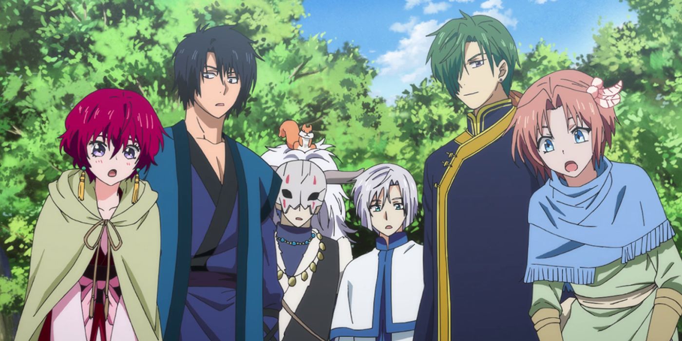 The main characters of Yona of the Dawn all standing together in front of a group of trees