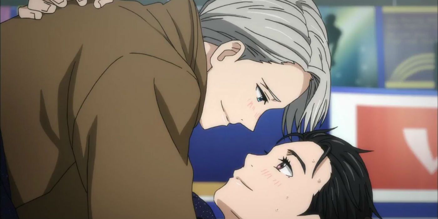Yuri and Victor embrace in the rink