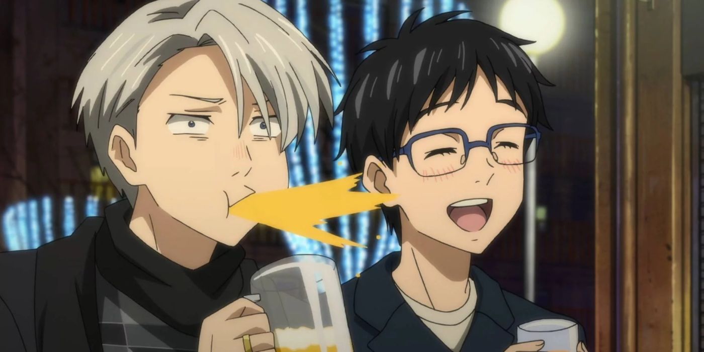 Yuri laughs and Victor spits out his drink in a screenshot from the anime.