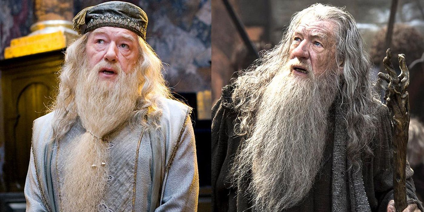 Dunbledore (Michael Gambon) left and Gandalf (Ian McKellan) right