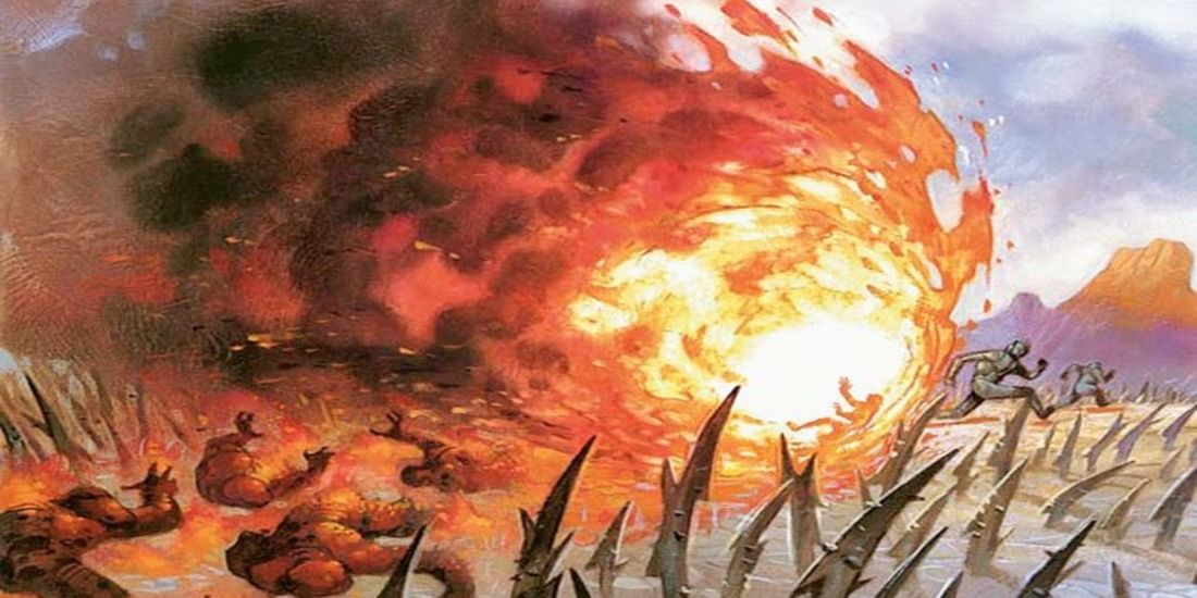 Fireball spell, massive ball of fire scorching a field with corpses in its wake 
