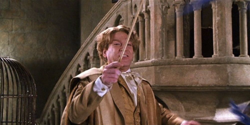 Gildeory Lockhart waving a wand in a classroom in Harry Potter