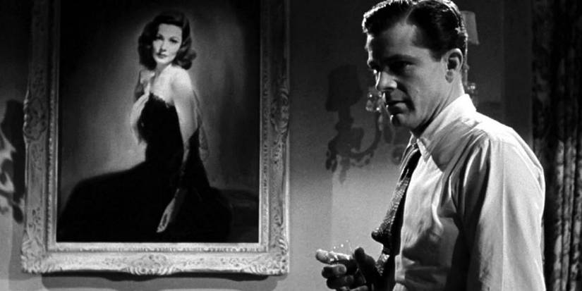 A portrait looms over a man from Laura