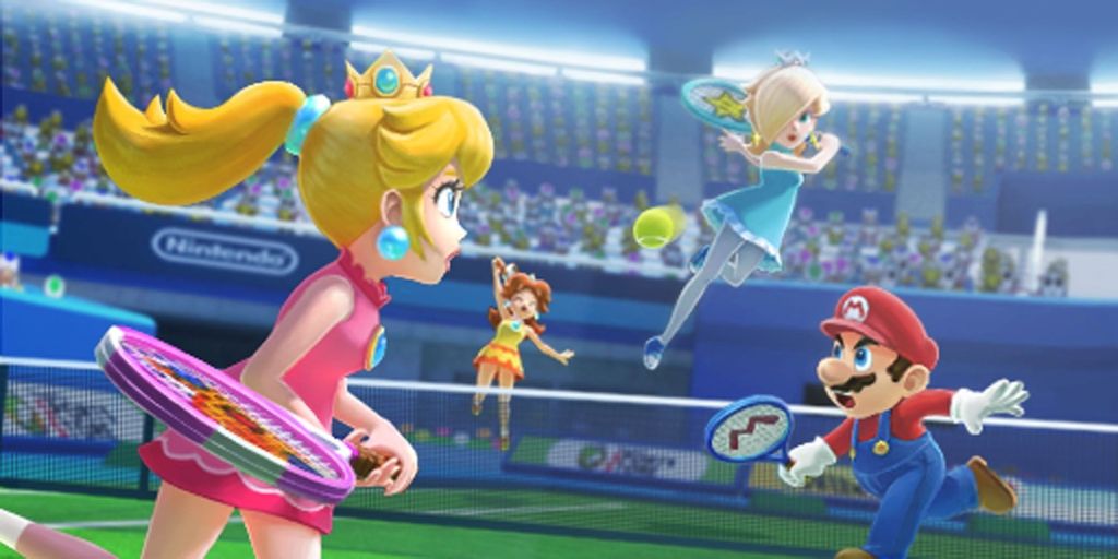 Daisy, Peach and Mario playing Tennis