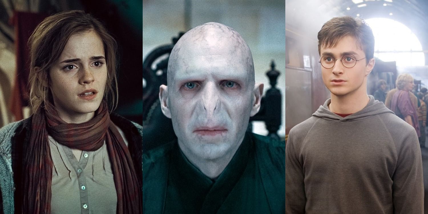Split image of Hermione, Voldemort, and Harry in Harry Potter