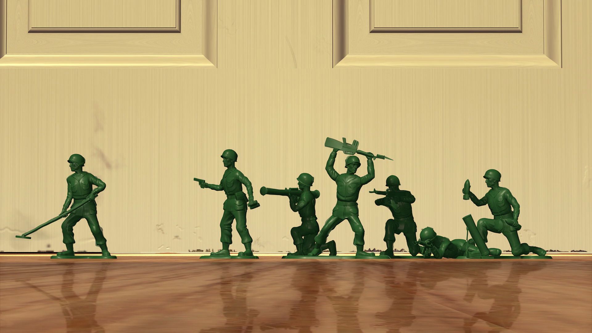 Sarge and the Green Army Men in Toy Story at the bottom of Andy's door.