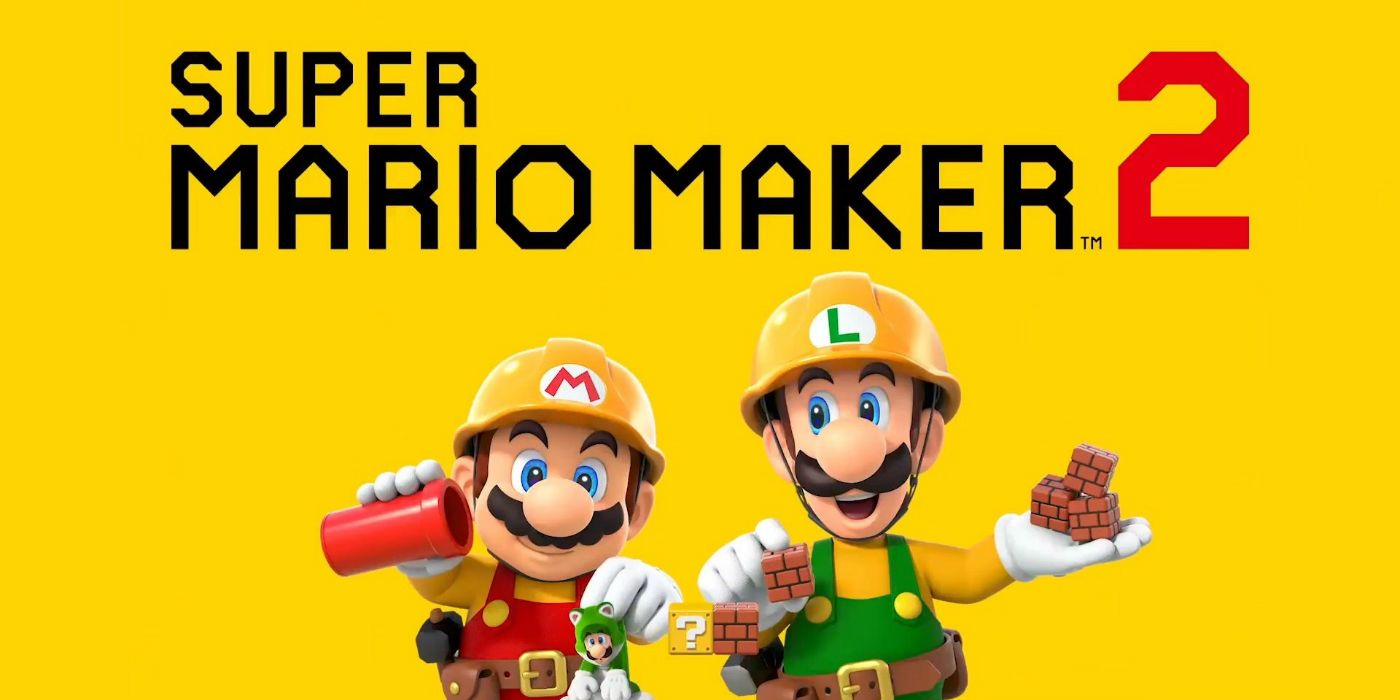 Logo Super Mario Maker 2 dengan Mario dan Luigi memegang blok bangunan pada tingkat di bawahnya dengan latar belakang kuning.