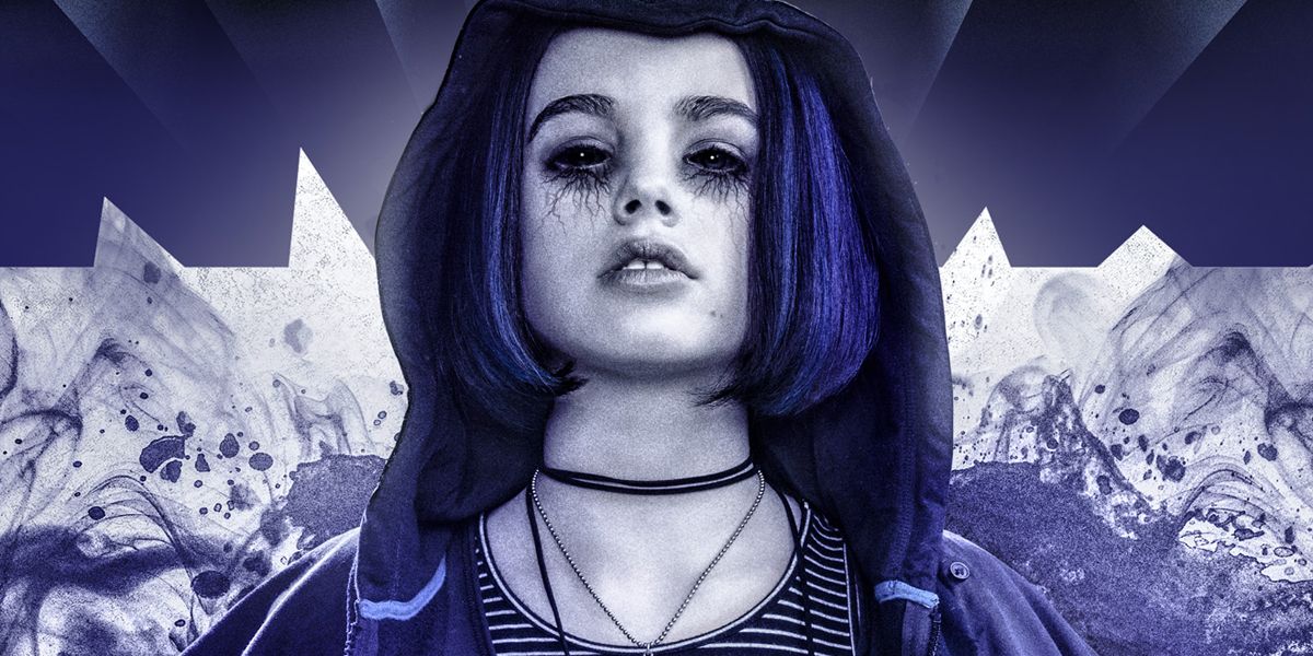 Rachel with her blue hair and dark eyes in a Titans poster signaling her Raven transformation