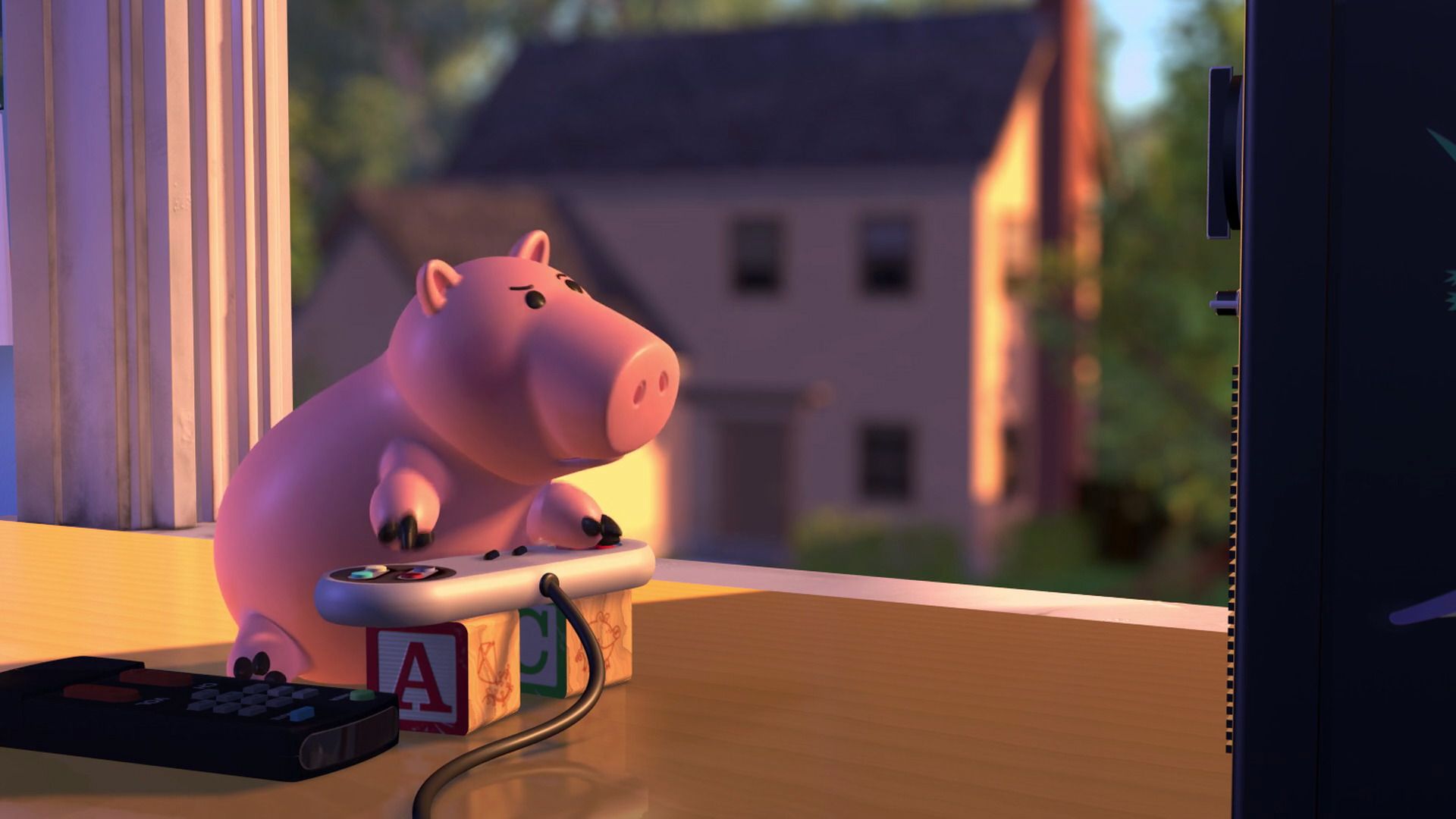 Hamm playing a video game in Toy Story 2