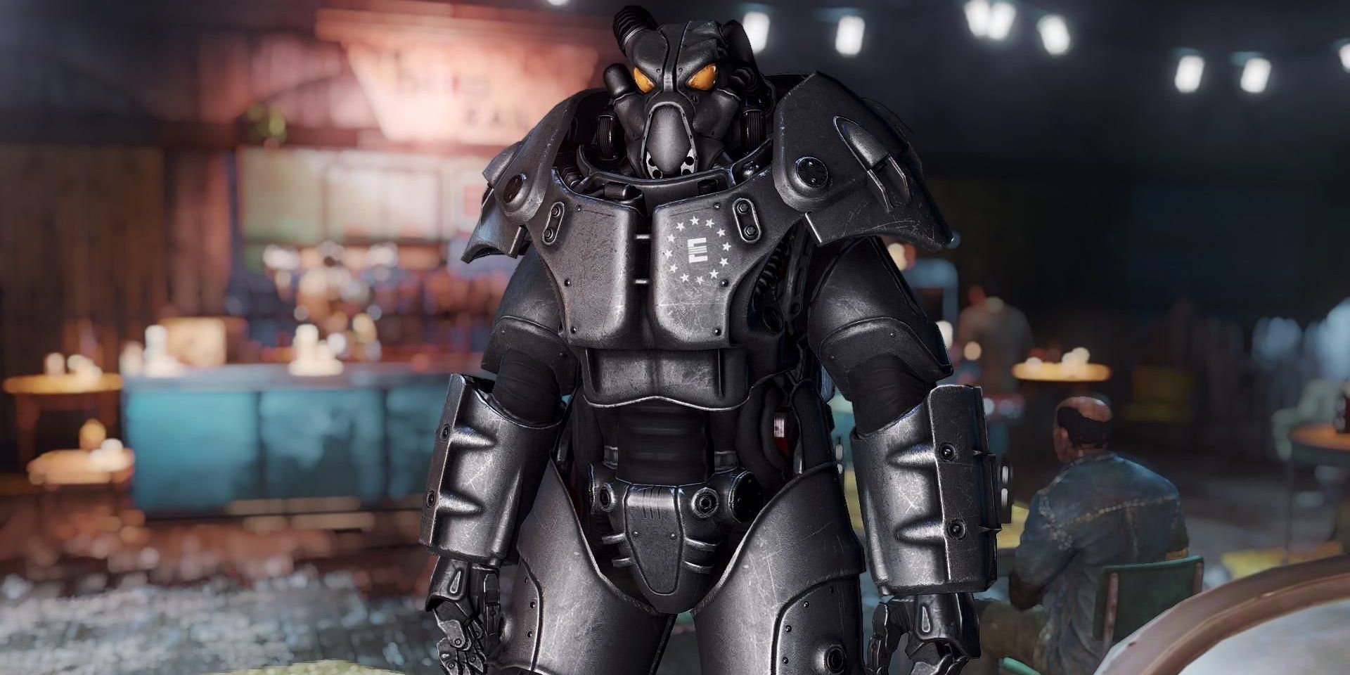 Player wearing menacing, bulky X-01 power armor in Fallout 4.