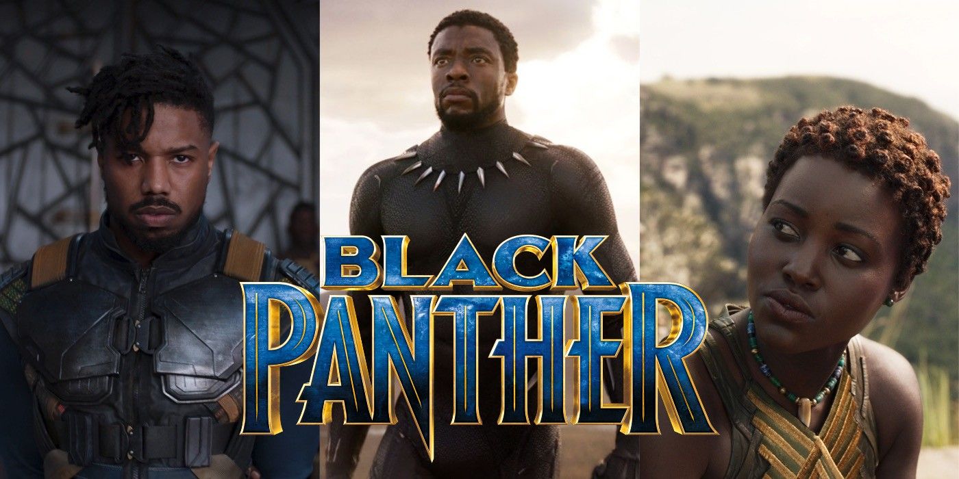 A split image of Erik-Killmonger, TChall and Nakia in Black-Panther (2018)