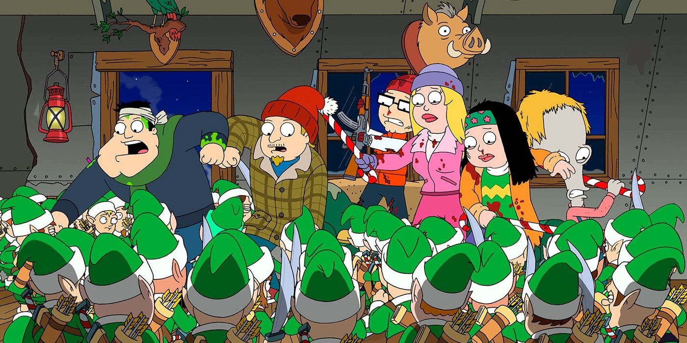 The characters from American Dad fighting a group of elves