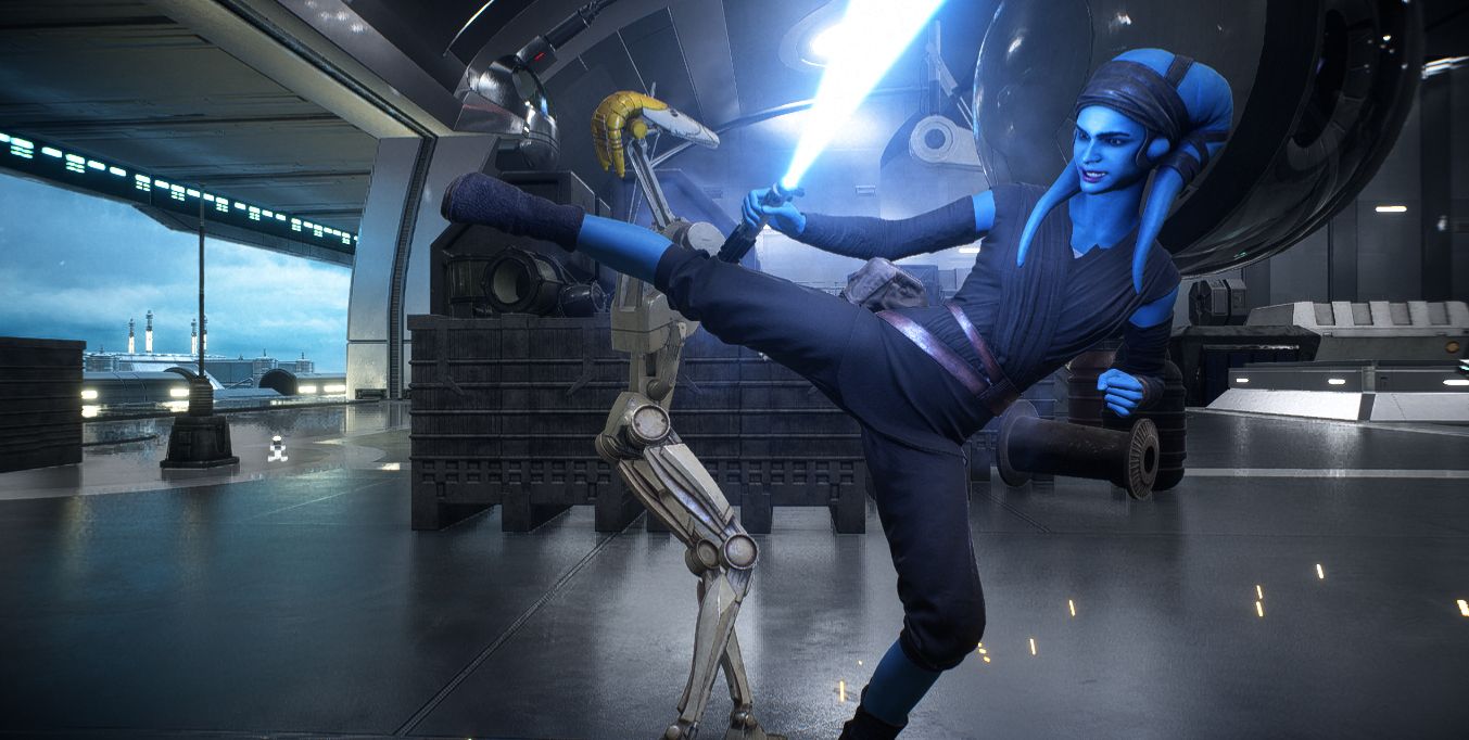 Aayla Secura fighting a battle droid