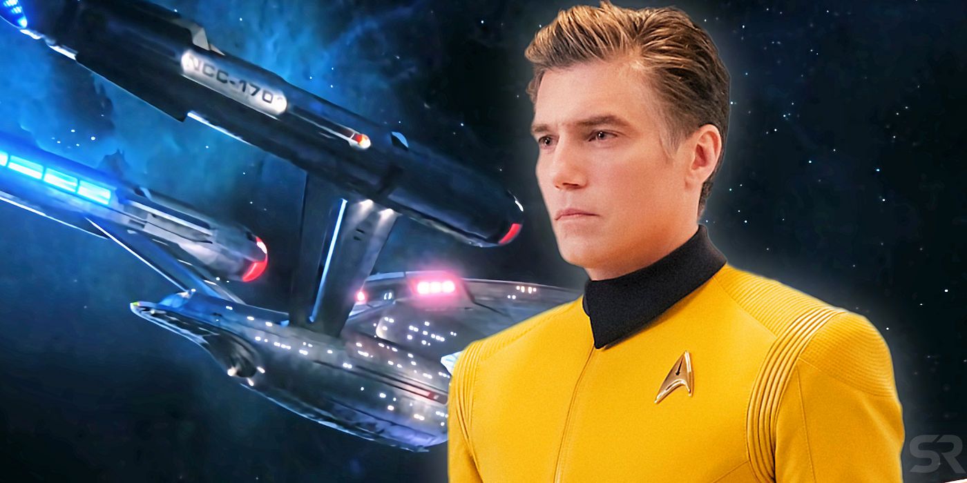 Anson Mount as Captain Christopher Pike in Star Trek Discovery With Starship Enterprise