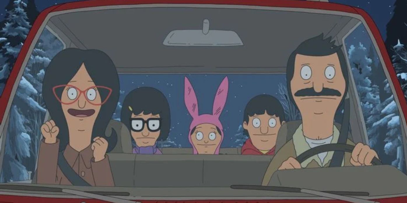 Belcher family in the car at Christmas time in Bobs Burgers
