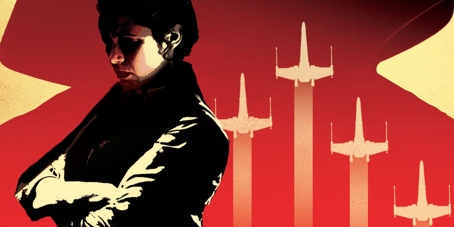 The front Cover of Bloodline, featuring General Organa, alongside the silhouettes of Vader and X-Wings