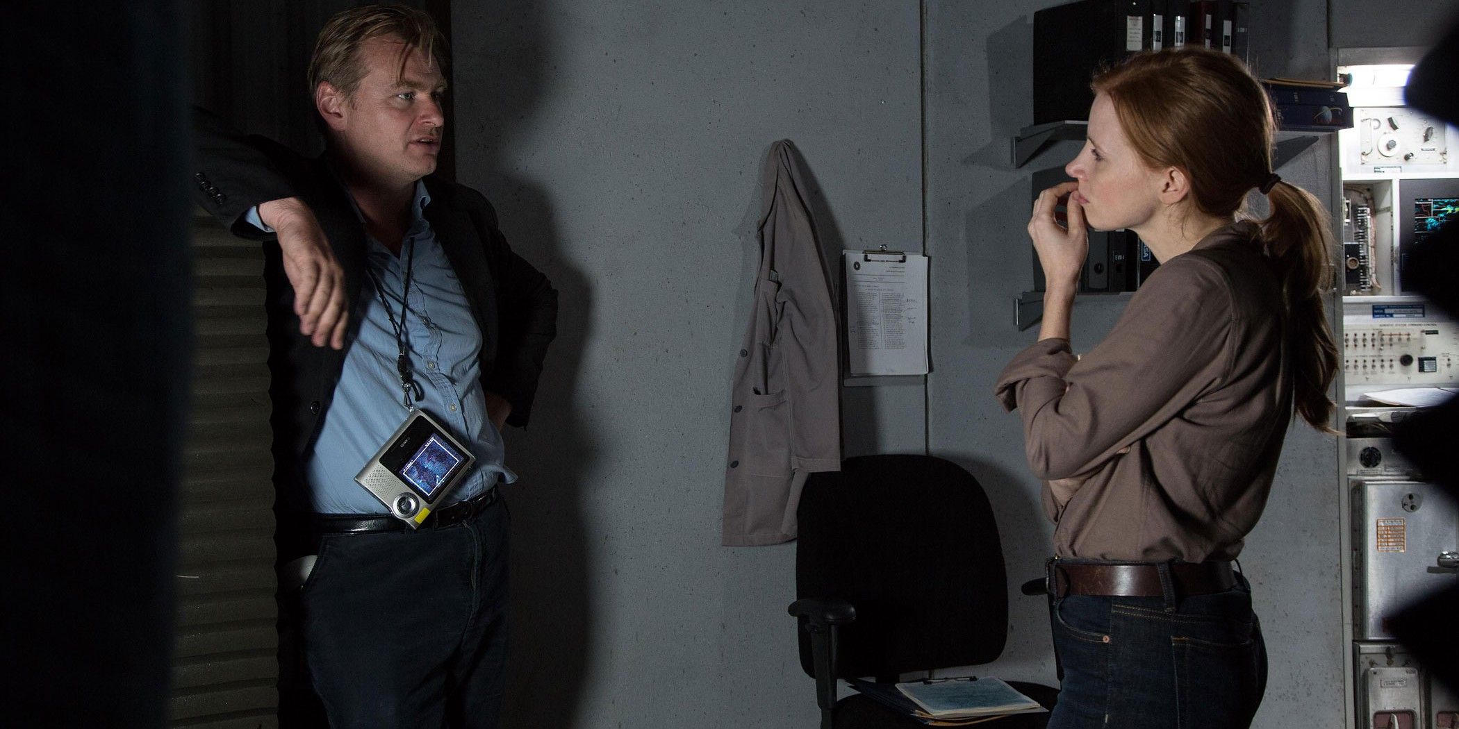 Christopher Nolan and Jessica Chastain on the Interstellar set