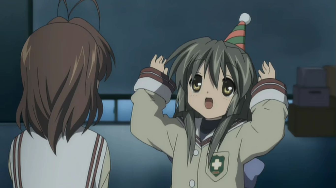 Fuko celebrating in the Clannad anime.