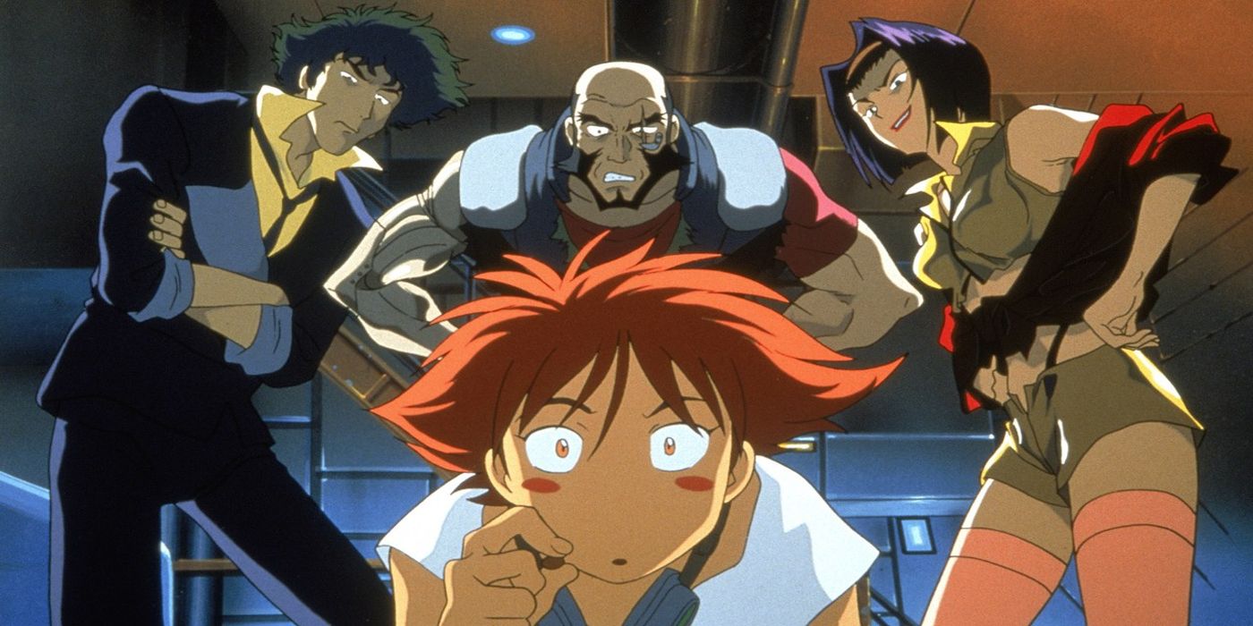 The cast of characters from the anime series Cowboy Bebop: Spike Spiegel, Faye Valentine, Jet Black, and Ed, all looking into camera..