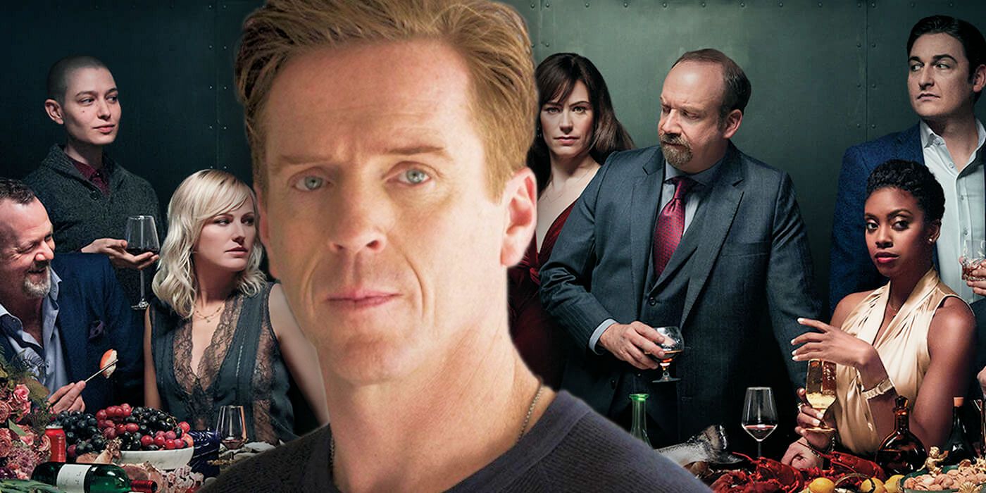 Collage of Axe (Damian Lewis) in front of the cast of Billions Season 4