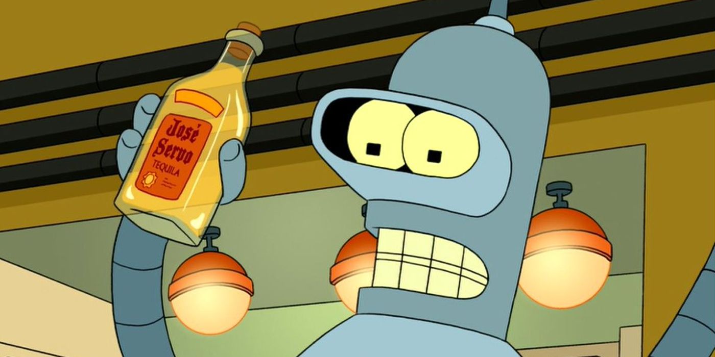 Bender holding a bottle of alcohol in Futurama