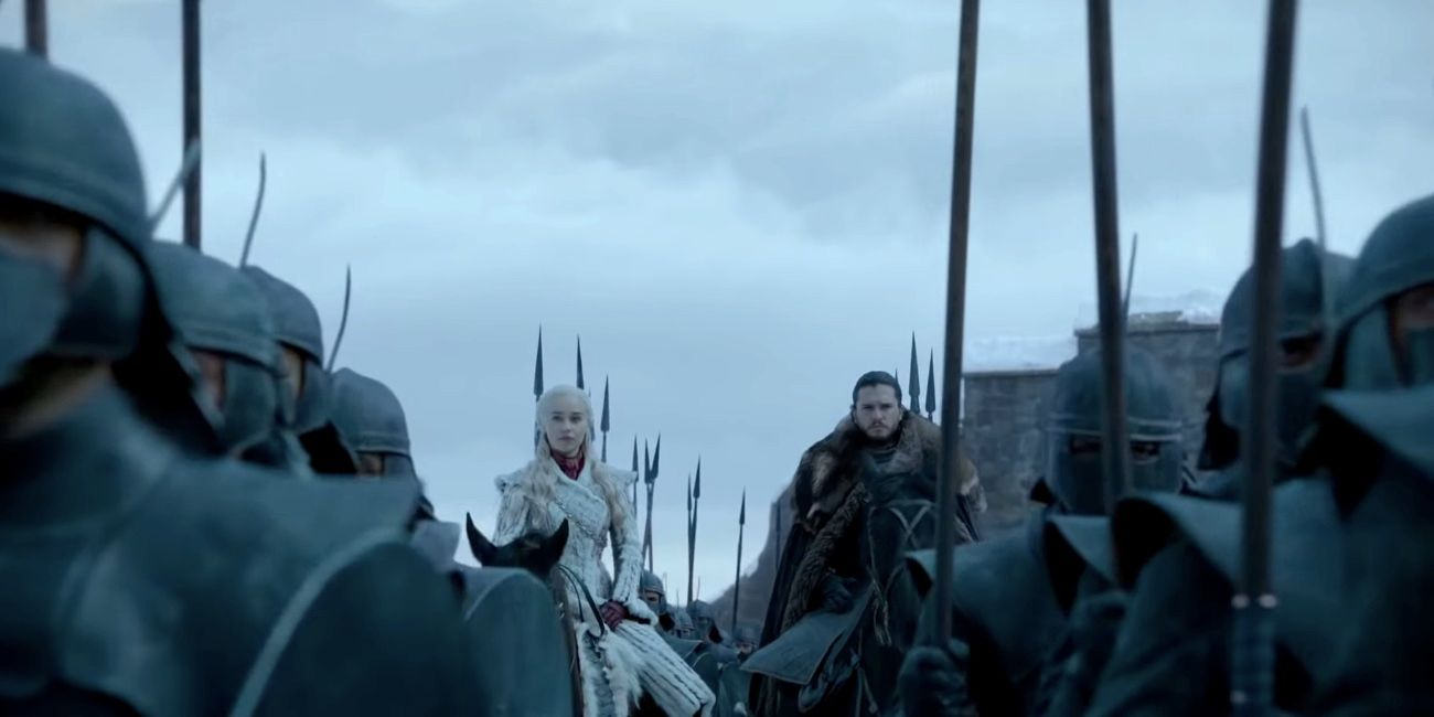 Jon Snow and Daenerys Targaryen riding into Winterfell