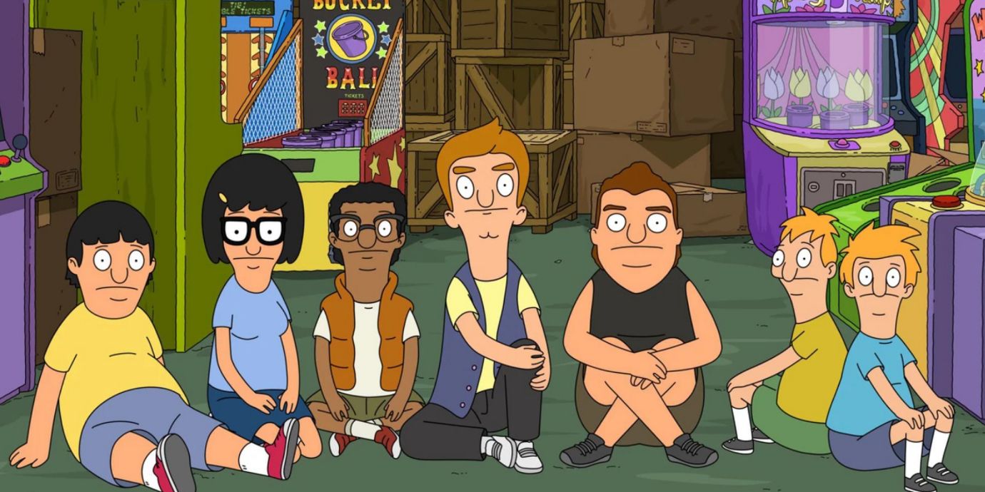 Gene and Tina sitting in an arcade with other kids in Bob's Burgers.
