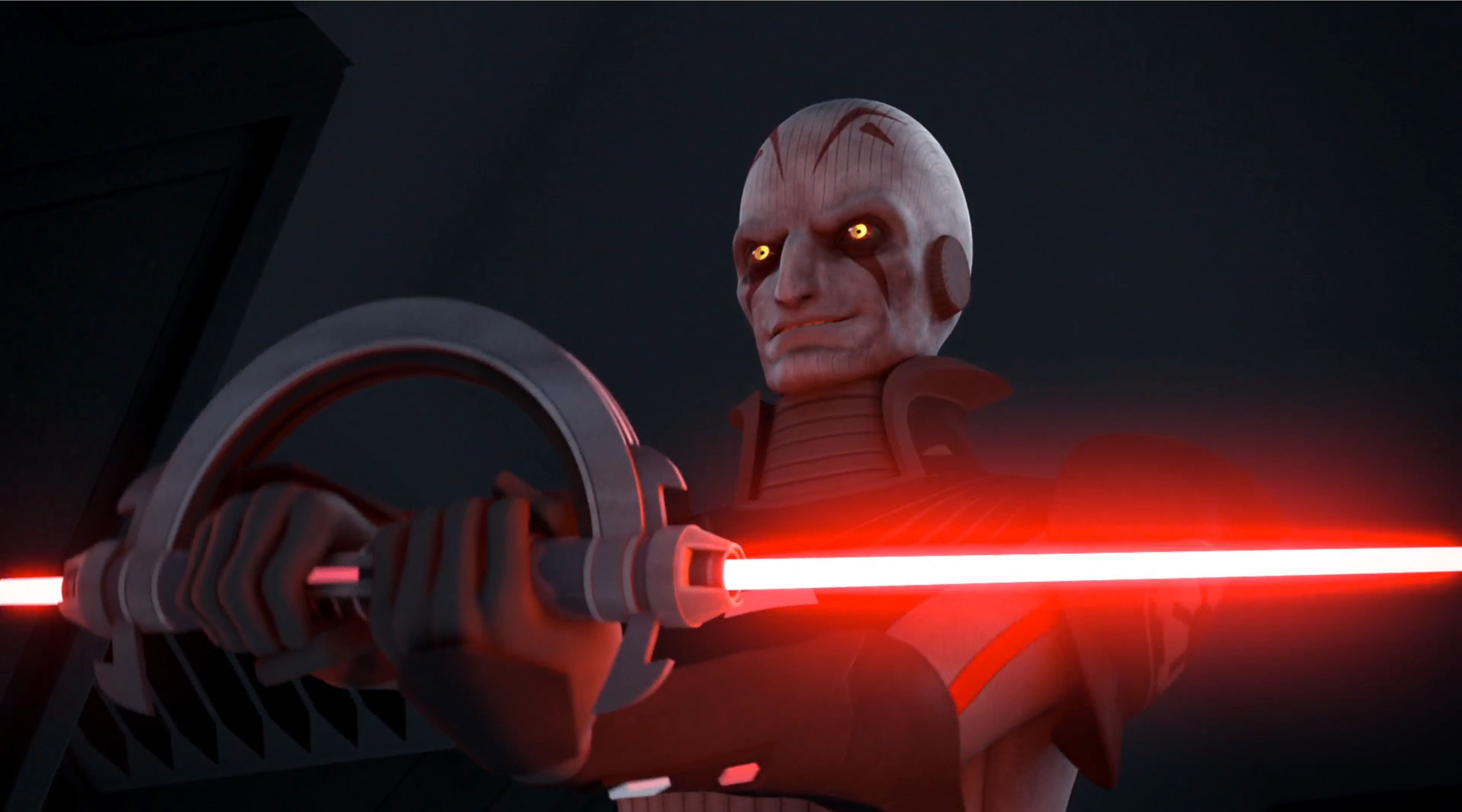 The Grand Inquisitor with his double-bladed lightsaber in Star Wars Rebels