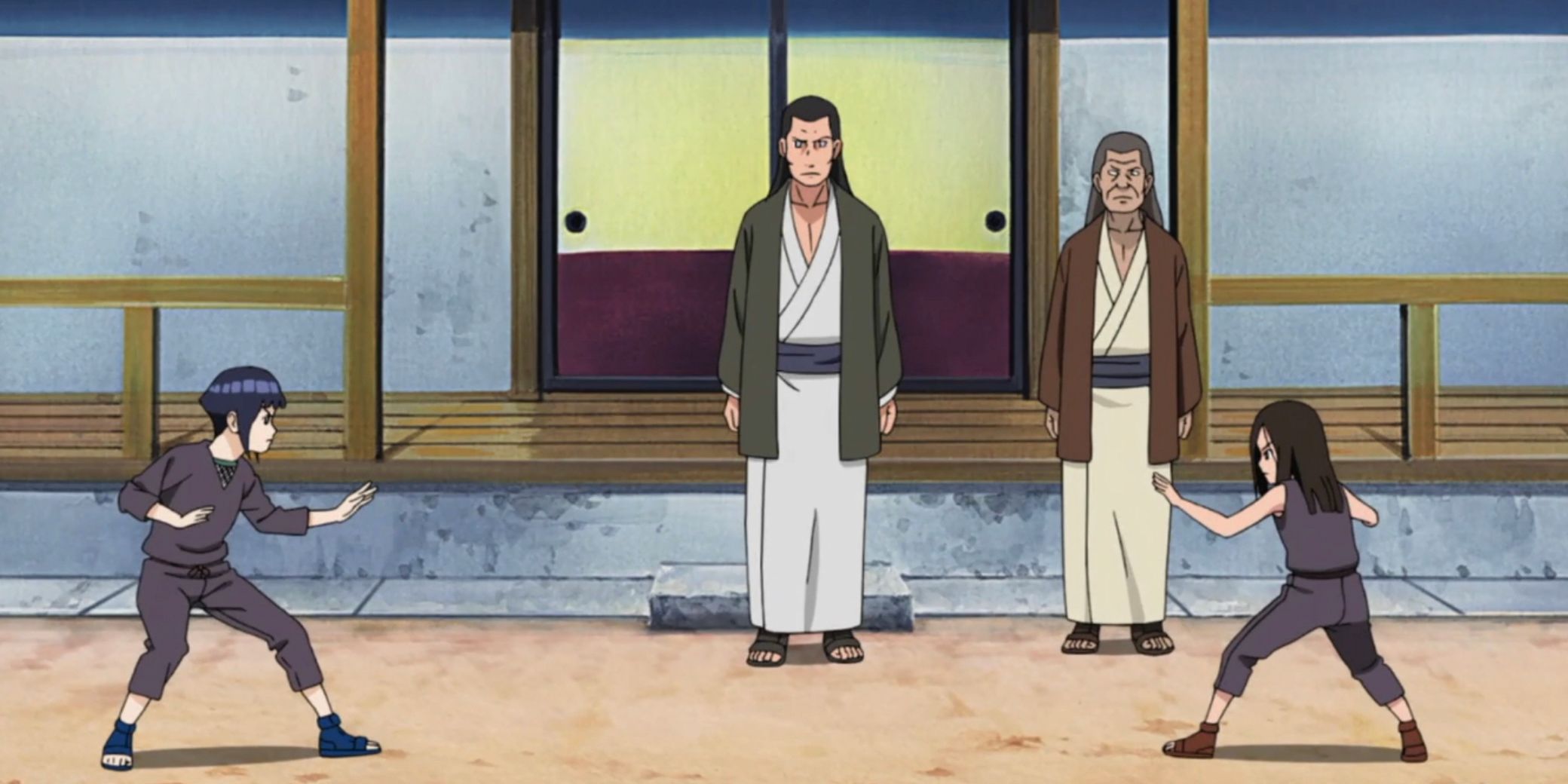 Hinata and Hanabi train in front of Hyuga clan members as children in Naruto