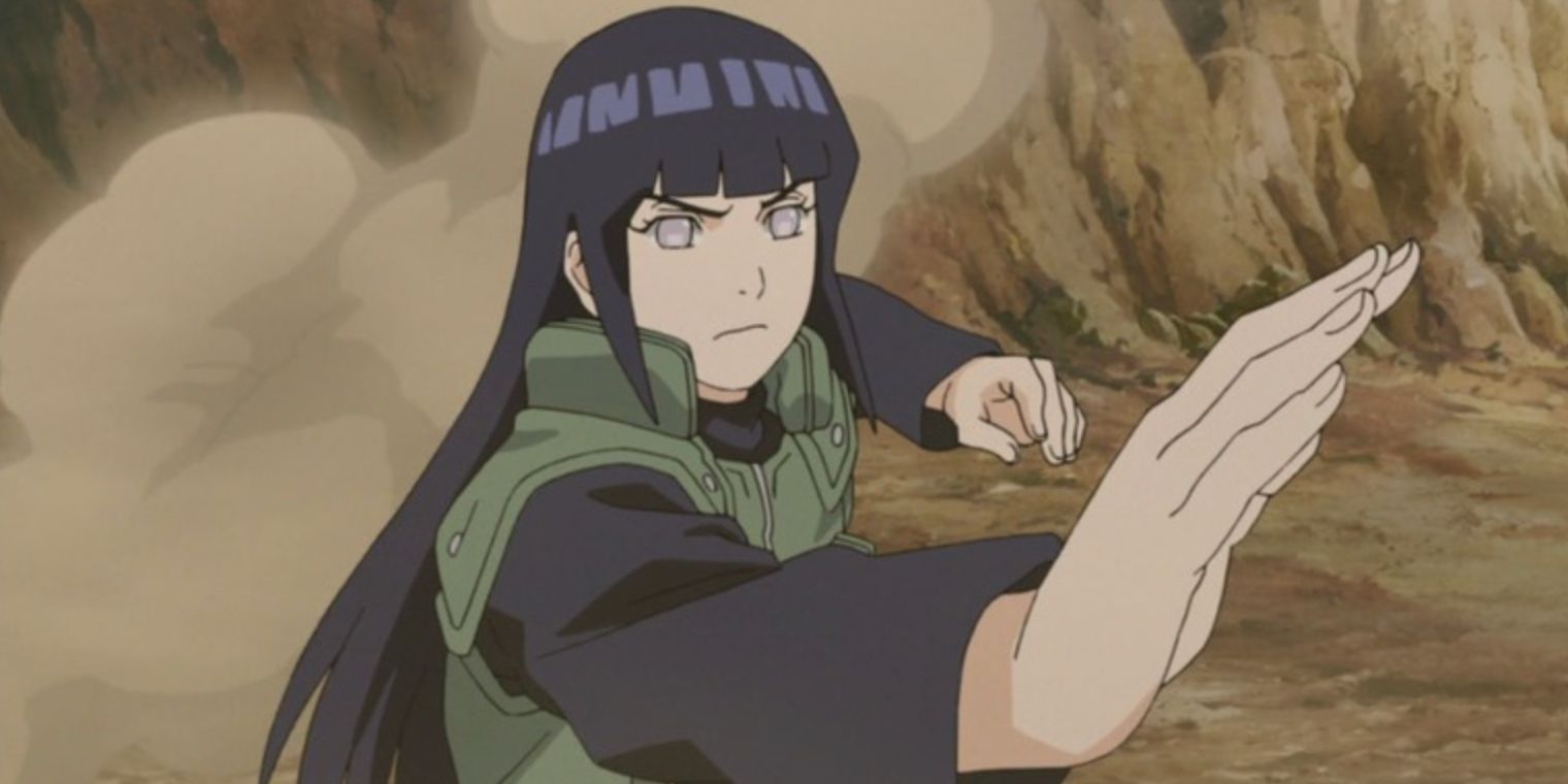 Hinata holds a hand in front of her for a fight in Naruto Shippuden