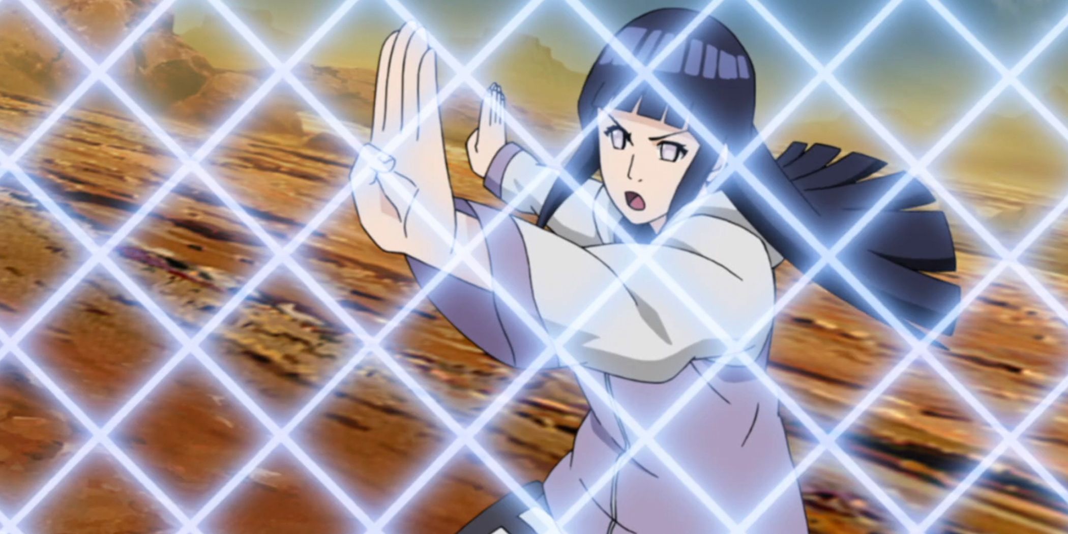 Hinata uses one of the Eight Trigrams techniques behind a fence of chakra in Naruto Shippuden