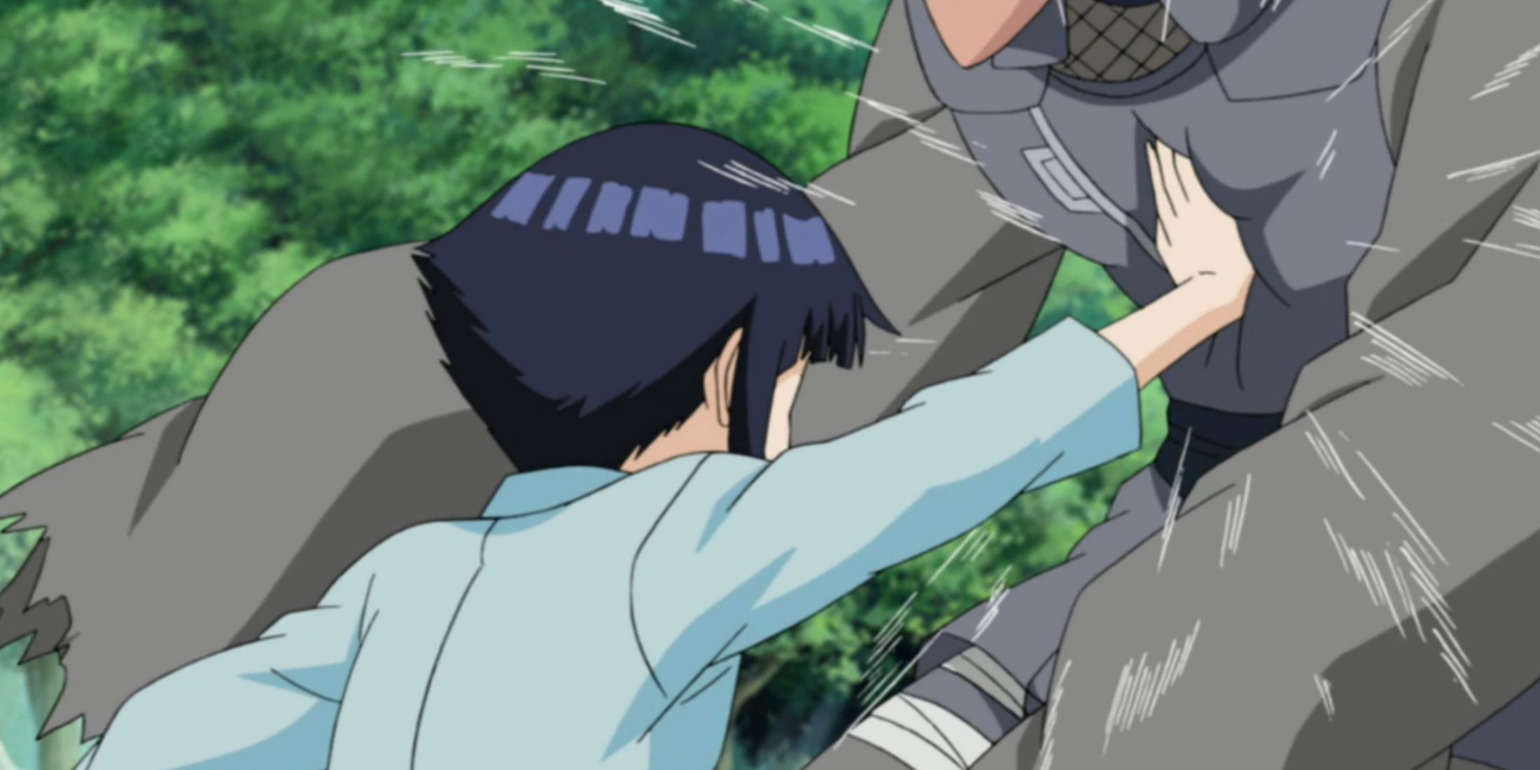 Hinata uses the palm bottom strike against an opponent in Naruto