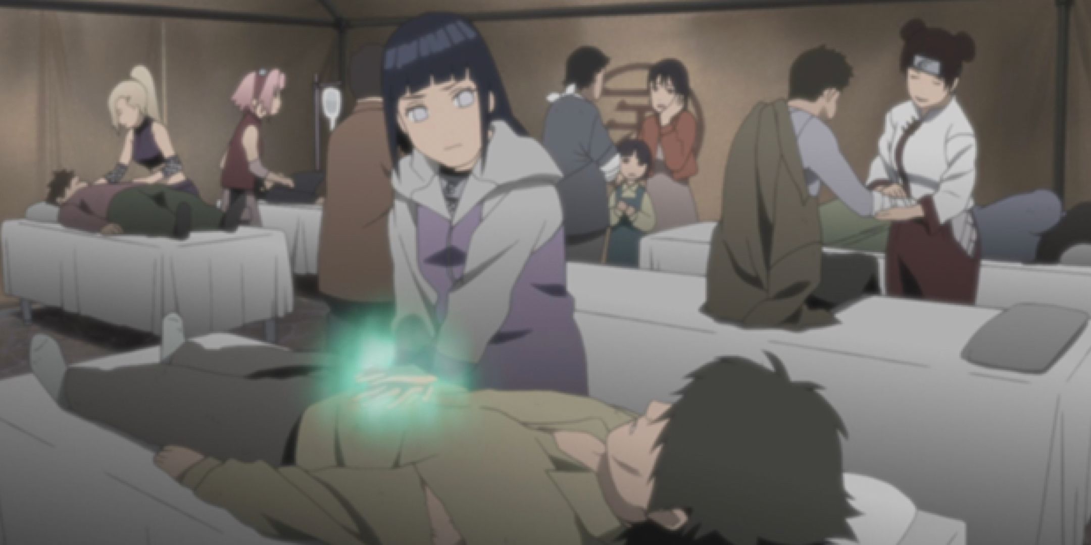 Hinata using Mystical Palm to heal an injured shinobi in Naruto Shippuden