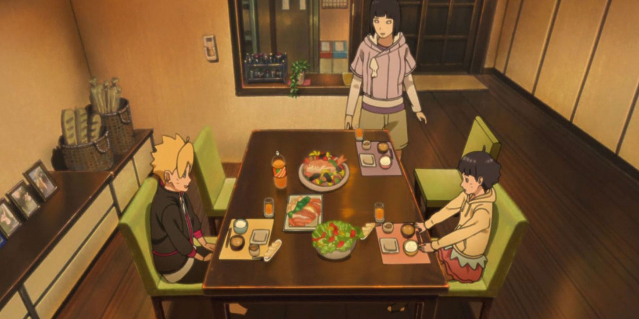 Hinata walks up to the table where Boruto and Himawari are already sitting in the Boruto anime