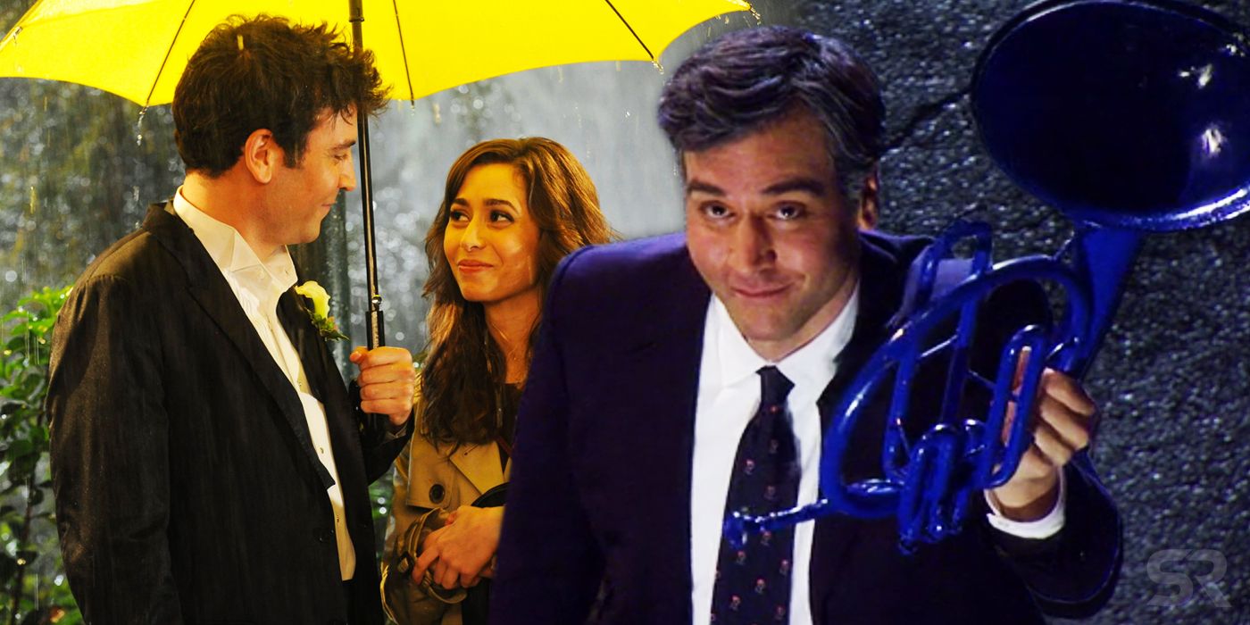 Split image of Ted with Tracy under an umbrella and holding a blue horn in How I Met Your Mother Ending