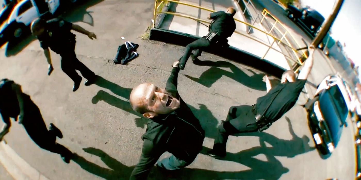 Jason Statham fighting off a group of cops in Crank 2