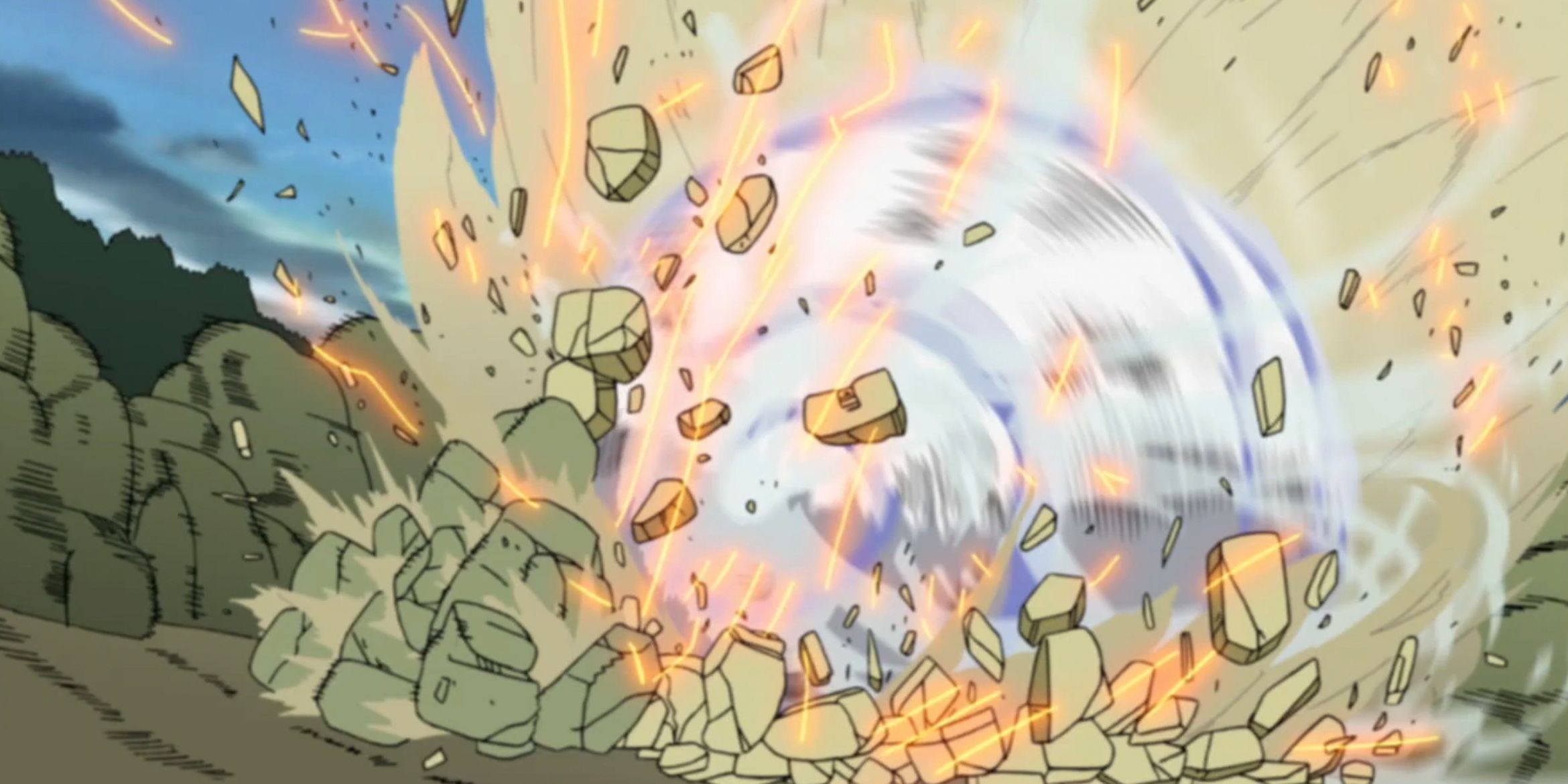 Kiba and Akamaru are not visible through the rubble created by Super Fang Wolf Fang in Naruto