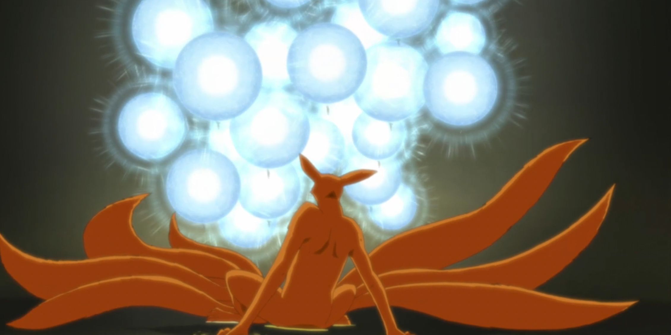 Kurama sits in front of several serial spheres in Naruto Shippuden