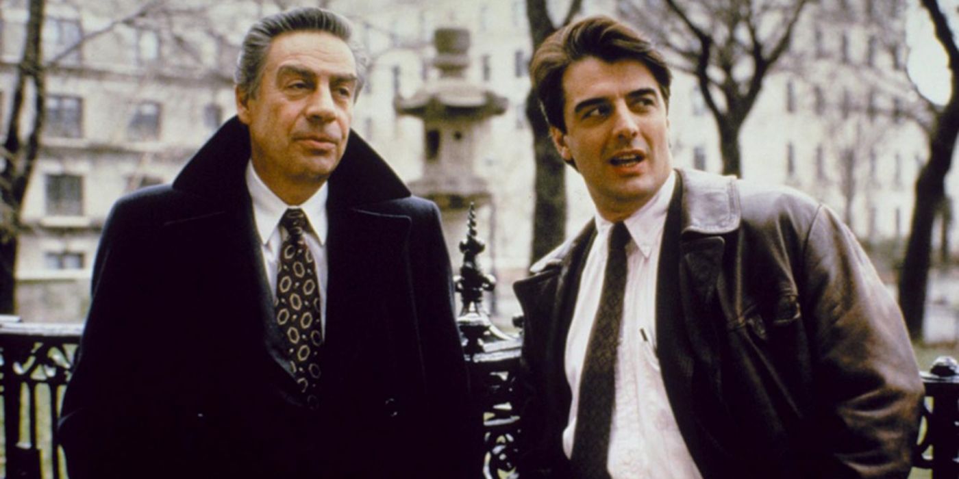 Chris Noth and Jerry Orbach talk outside in New York City in Law &amp; Order.
