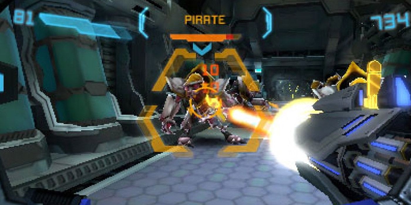 A player target-locks an alien creature in Metroid: Federation Force